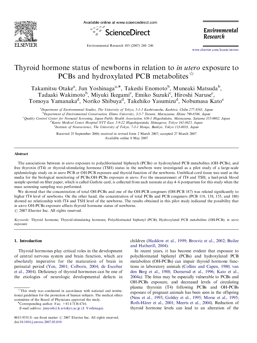 Thyroid hormone status of newborns in relation to in utero exposure to PCBs and hydroxylated PCB metabolites 