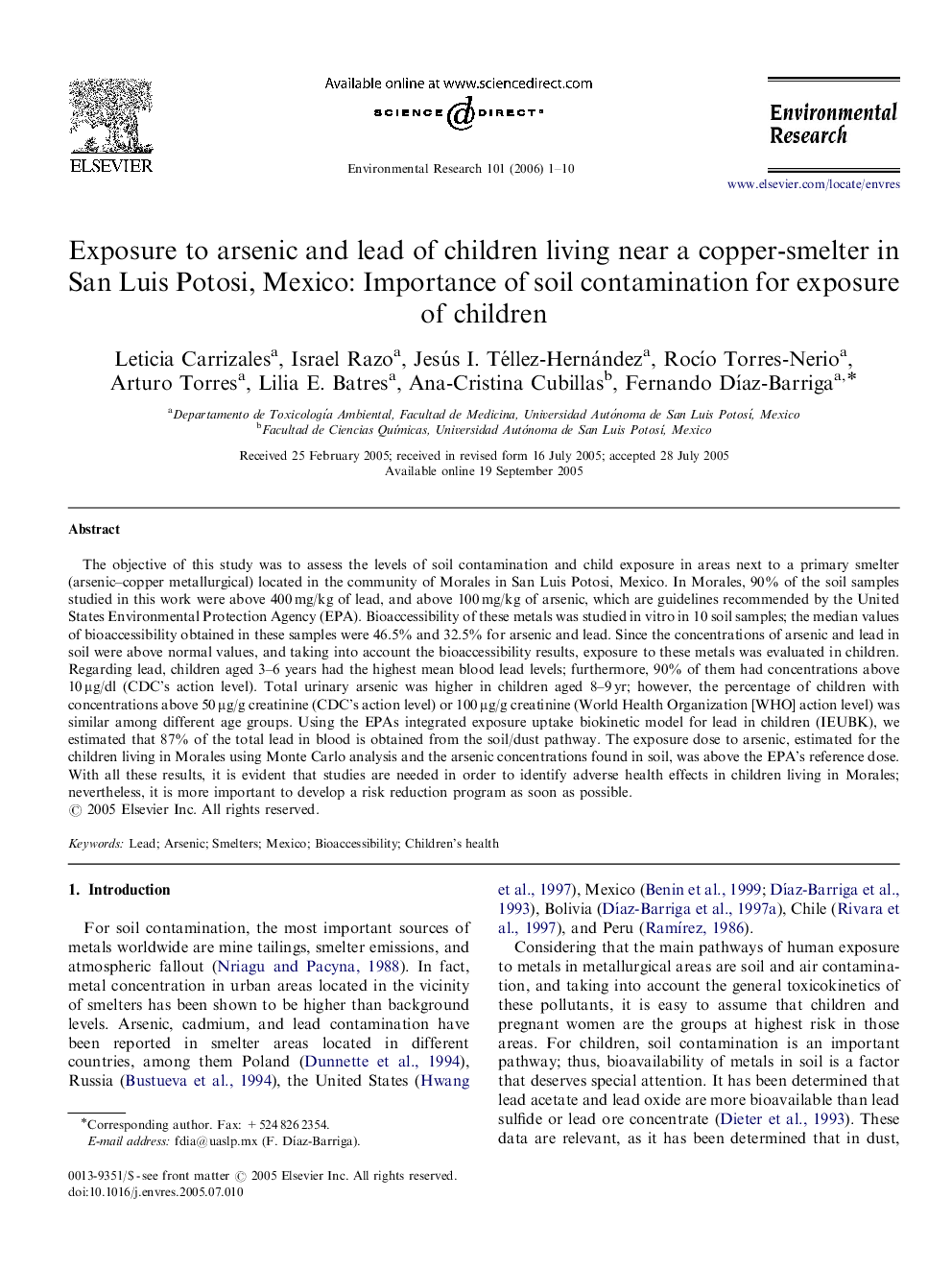 Exposure to arsenic and lead of children living near a copper-smelter in San Luis Potosi, Mexico: Importance of soil contamination for exposure of children