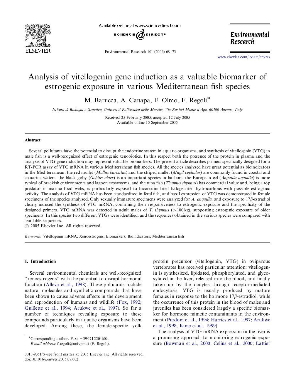 Analysis of vitellogenin gene induction as a valuable biomarker of estrogenic exposure in various Mediterranean fish species