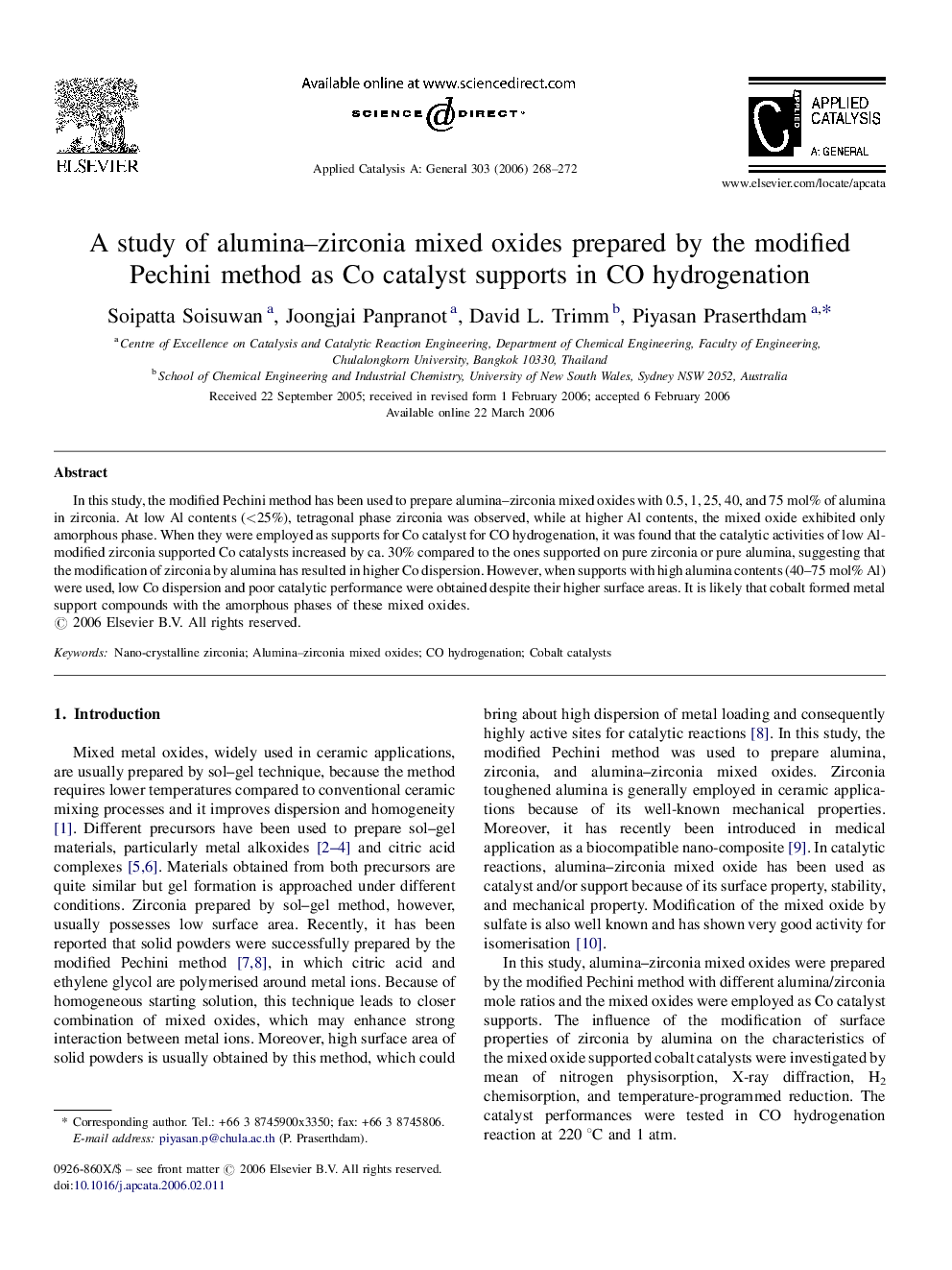 A study of alumina–zirconia mixed oxides prepared by the modified Pechini method as Co catalyst supports in CO hydrogenation