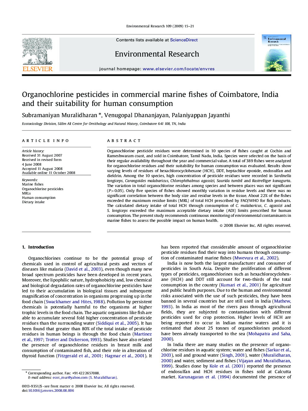 Organochlorine pesticides in commercial marine fishes of Coimbatore, India and their suitability for human consumption