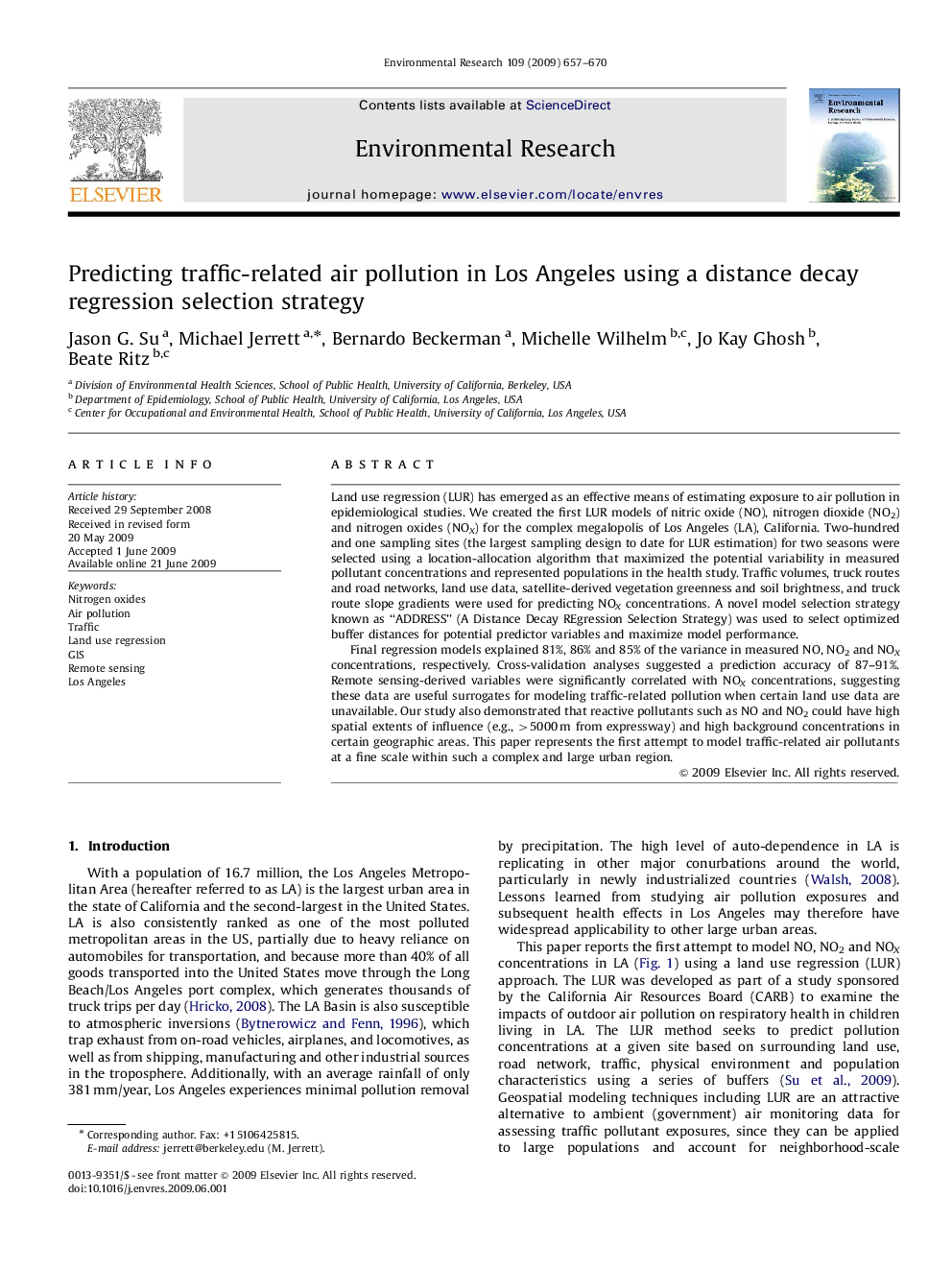 Predicting traffic-related air pollution in Los Angeles using a distance decay regression selection strategy