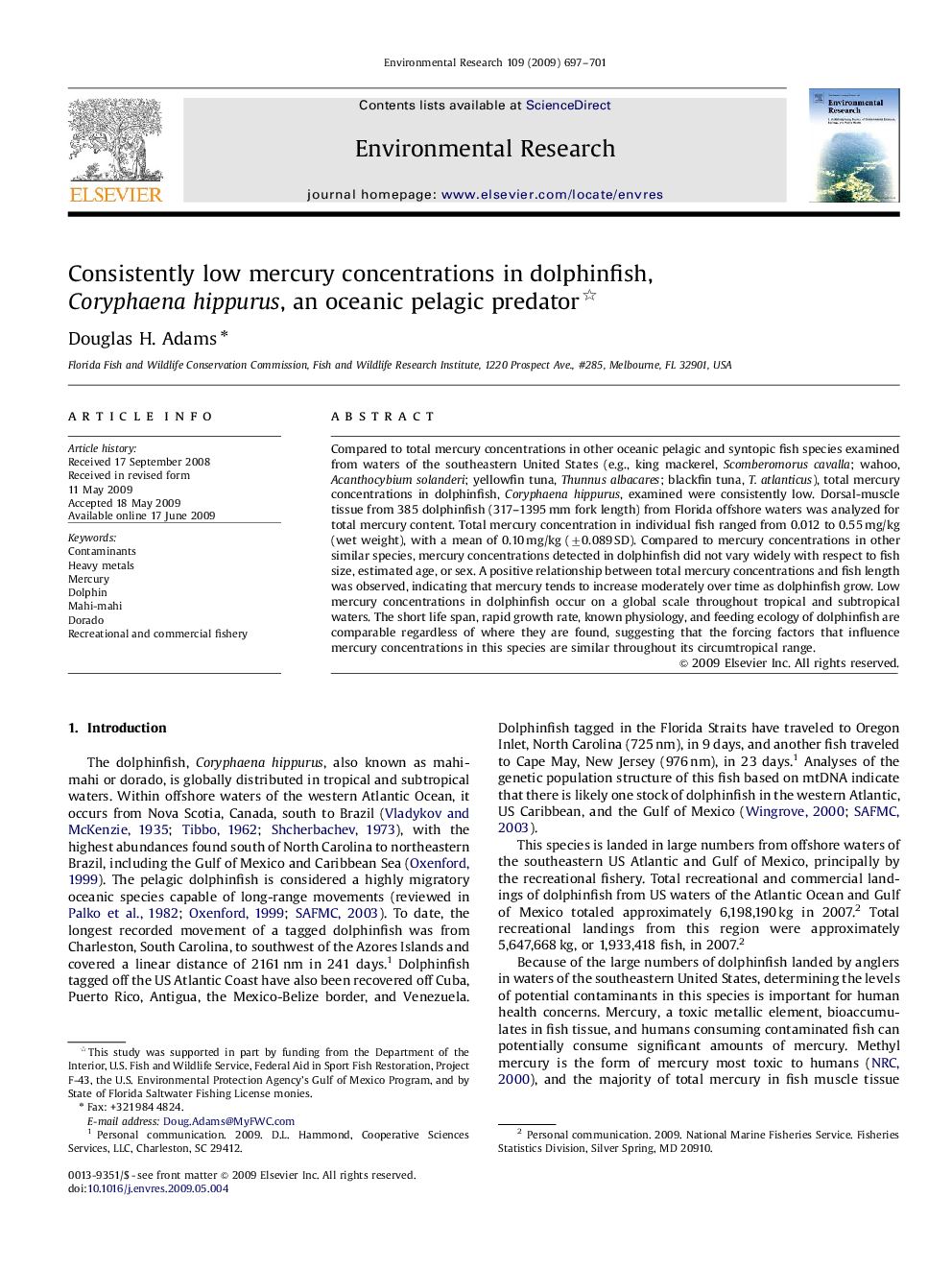 Consistently low mercury concentrations in dolphinfish, Coryphaena hippurus, an oceanic pelagic predator 