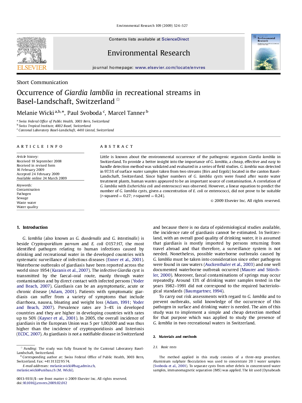 Occurrence of Giardia lamblia in recreational streams in Basel-Landschaft, Switzerland 