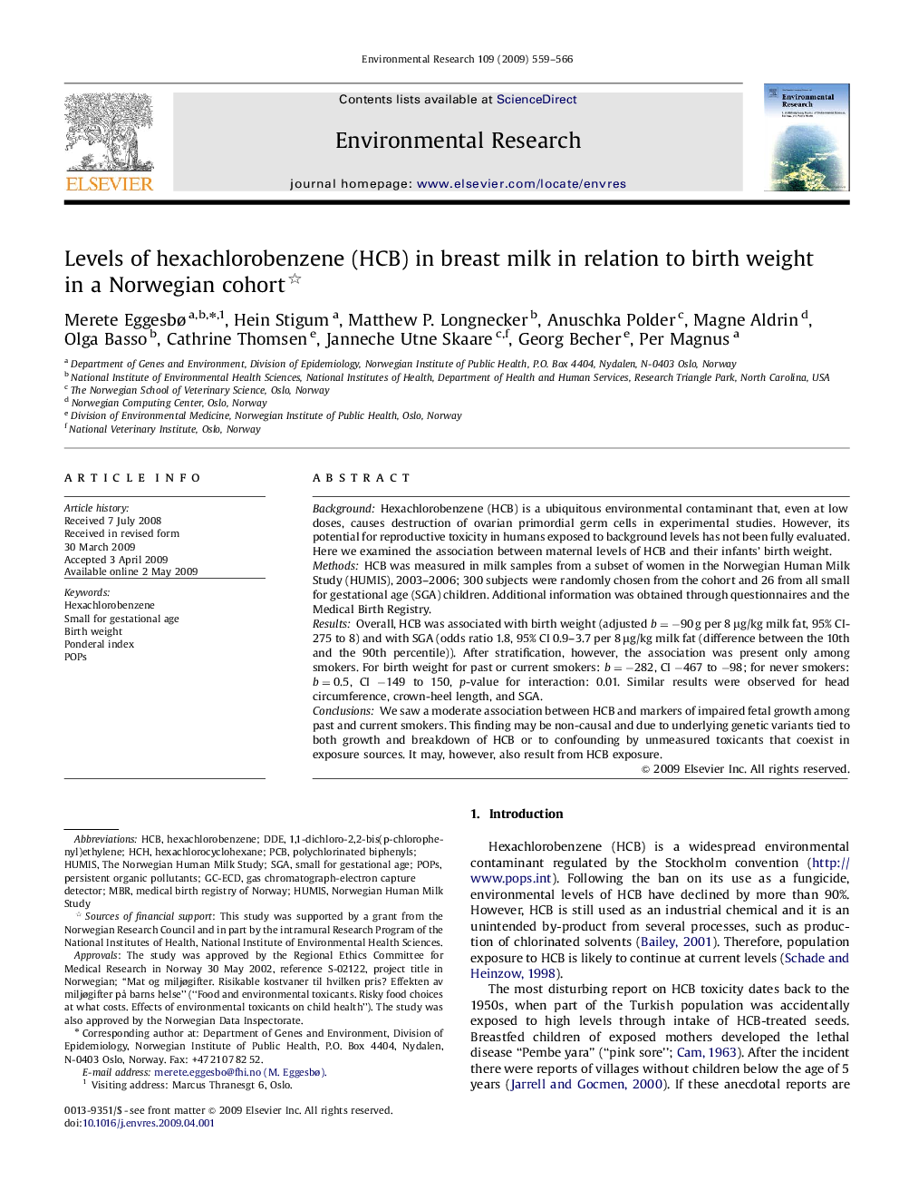 Levels of hexachlorobenzene (HCB) in breast milk in relation to birth weight in a Norwegian cohort 