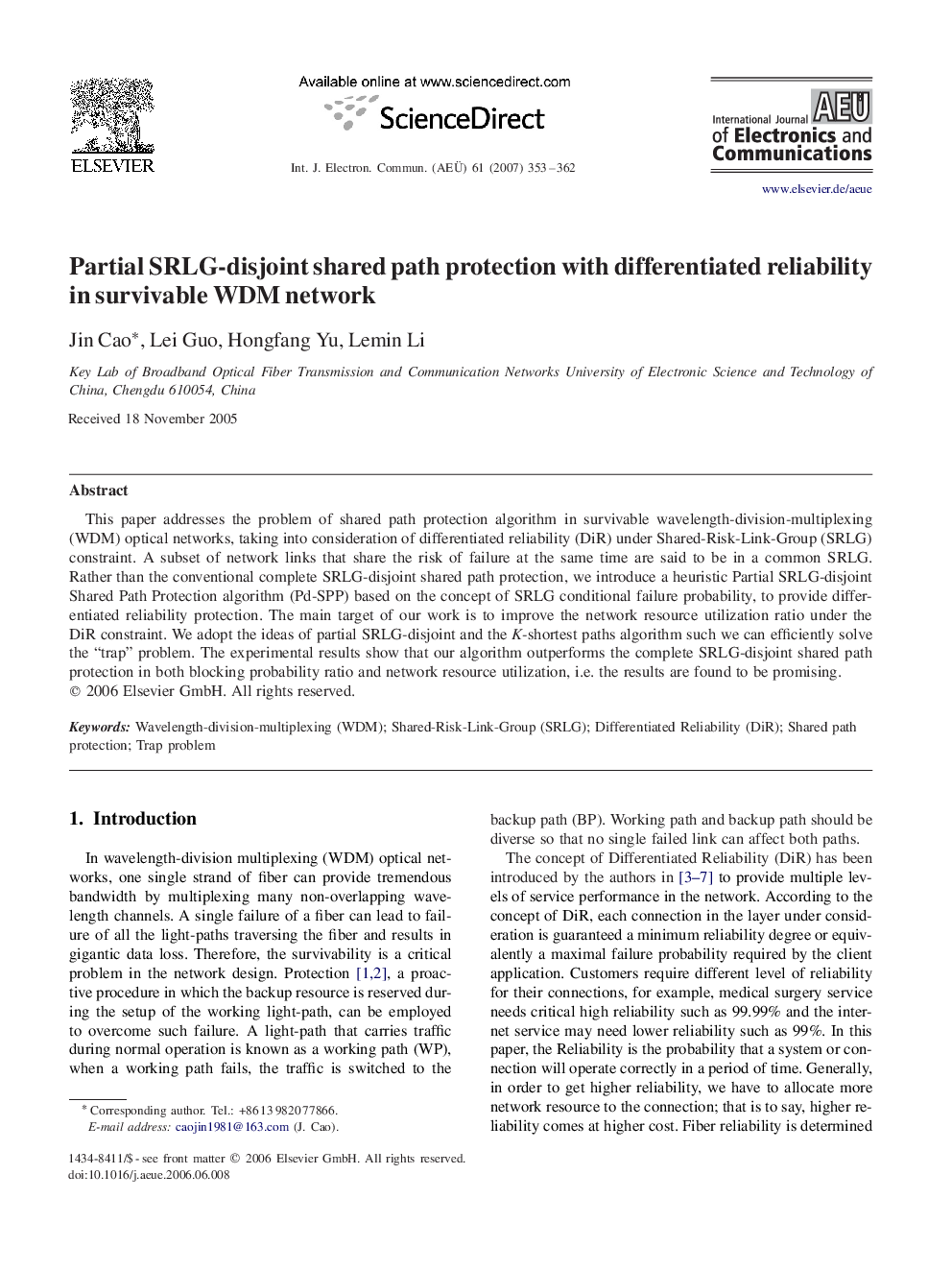 Partial SRLG-disjoint shared path protection with differentiated reliability in survivable WDM network