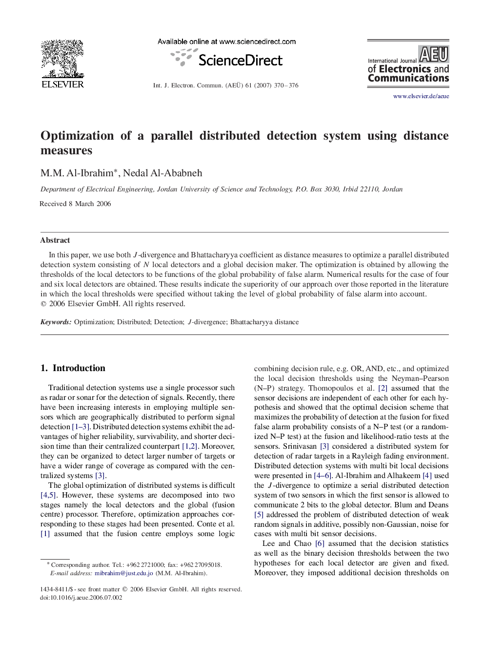 Optimization of a parallel distributed detection system using distance measures