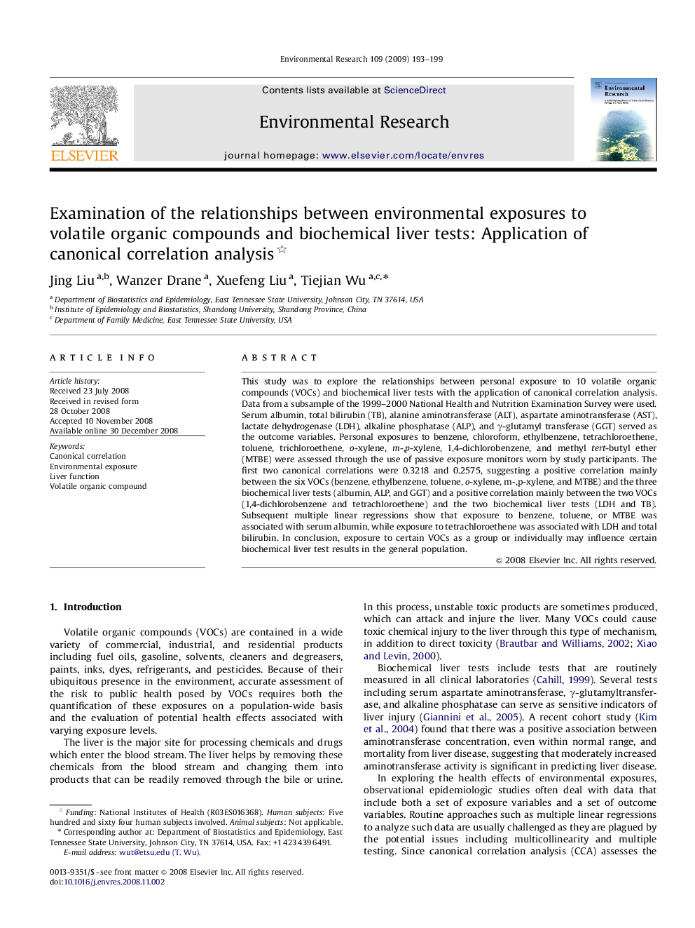 Examination of the relationships between environmental exposures to volatile organic compounds and biochemical liver tests: Application of canonical correlation analysis 