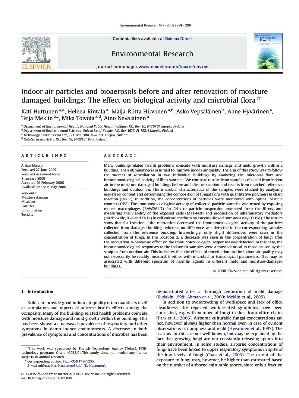 Indoor air particles and bioaerosols before and after renovation of moisture-damaged buildings: The effect on biological activity and microbial flora 