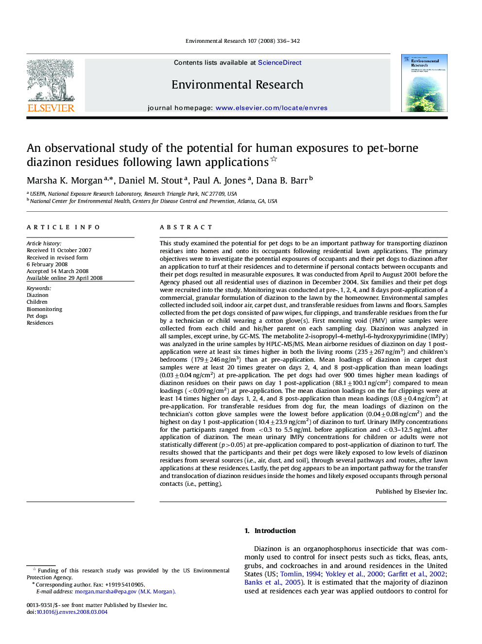 An observational study of the potential for human exposures to pet-borne diazinon residues following lawn applications 