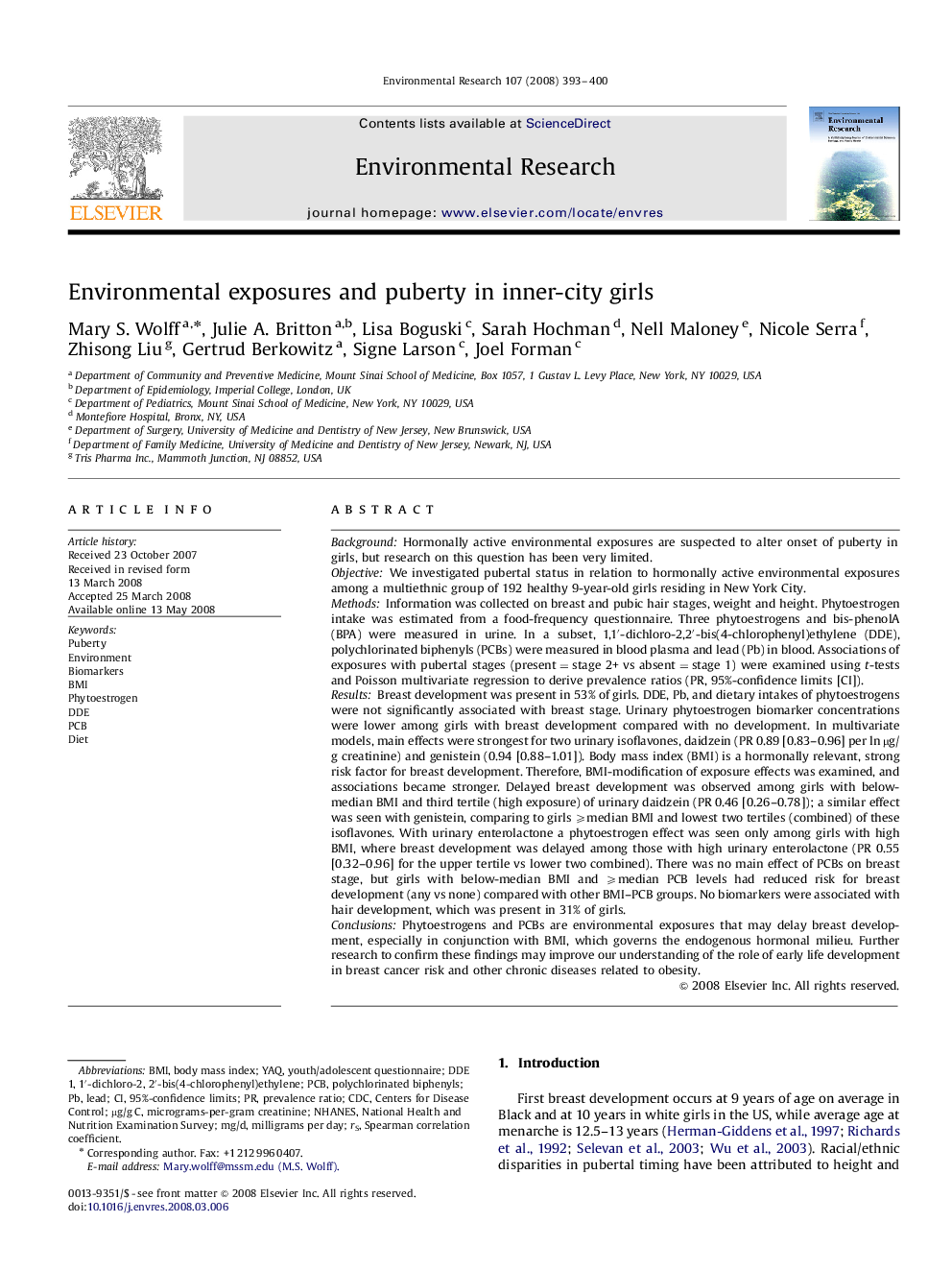 عکس صفحه اول مقاله: Environmental exposures and puberty in inner-city girls Environmental exposures and puberty in inner-city girls