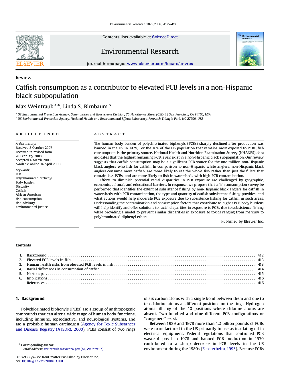 Catfish consumption as a contributor to elevated PCB levels in a non-Hispanic black subpopulation