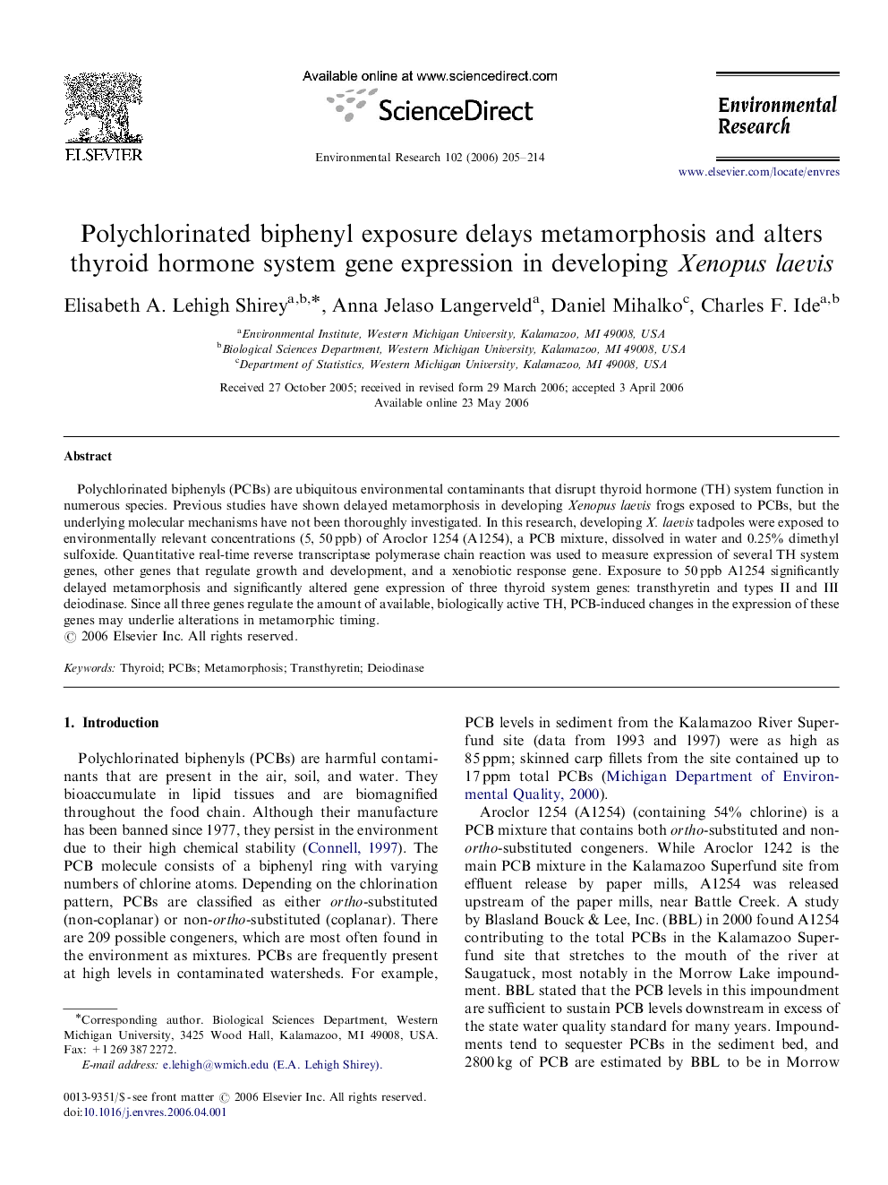 Polychlorinated biphenyl exposure delays metamorphosis and alters thyroid hormone system gene expression in developing Xenopus laevis