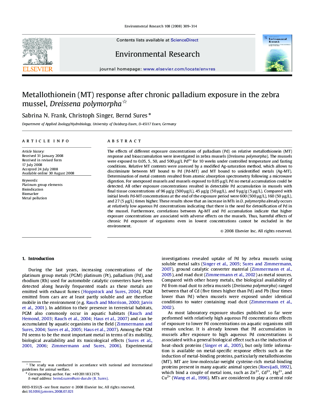 Metallothionein (MT) response after chronic palladium exposure in the zebra mussel, Dreissena polymorpha 