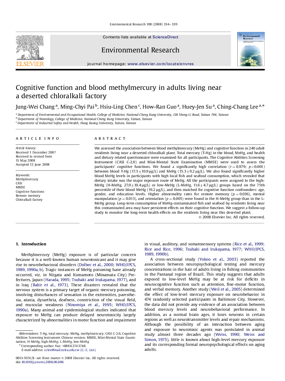 Cognitive function and blood methylmercury in adults living near a deserted chloralkali factory