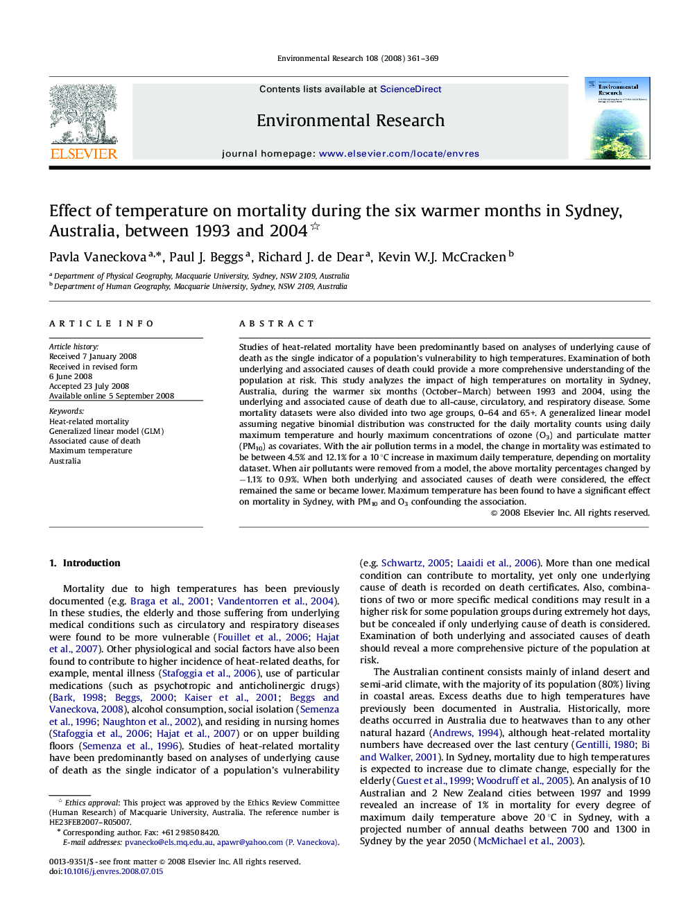 Effect of temperature on mortality during the six warmer months in Sydney, Australia, between 1993 and 2004 