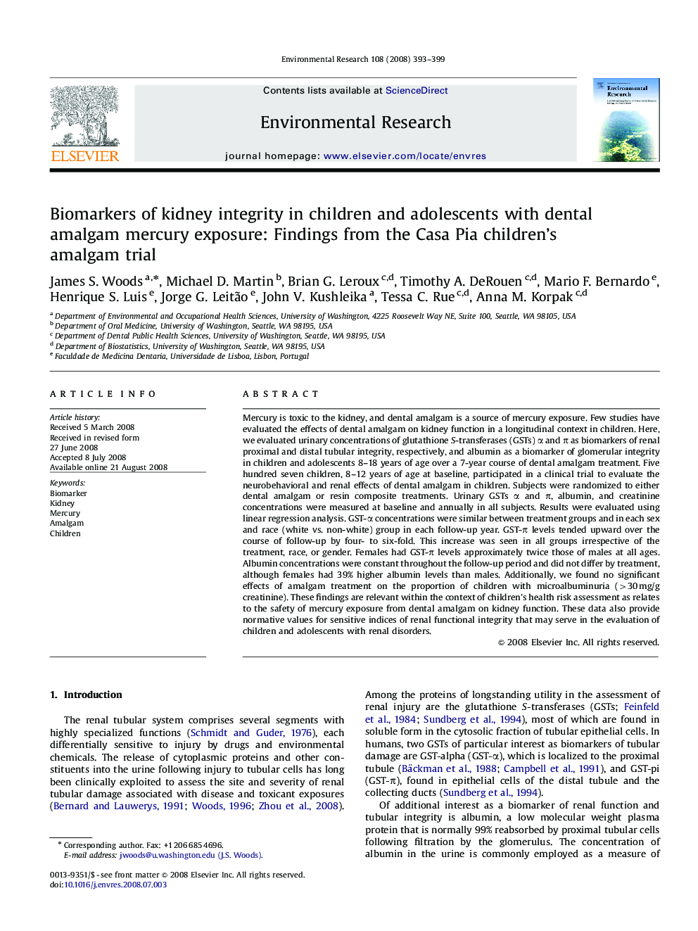 Biomarkers of kidney integrity in children and adolescents with dental amalgam mercury exposure: Findings from the Casa Pia children's amalgam trial