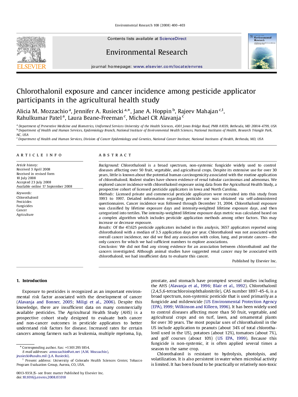 Chlorothalonil exposure and cancer incidence among pesticide applicator participants in the agricultural health study