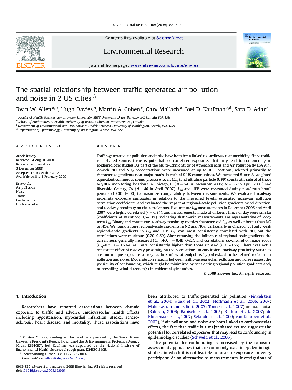 The spatial relationship between traffic-generated air pollution and noise in 2 US cities 