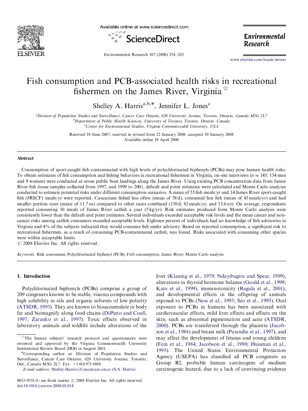 Fish consumption and PCB-associated health risks in recreational fishermen on the James River, Virginia 