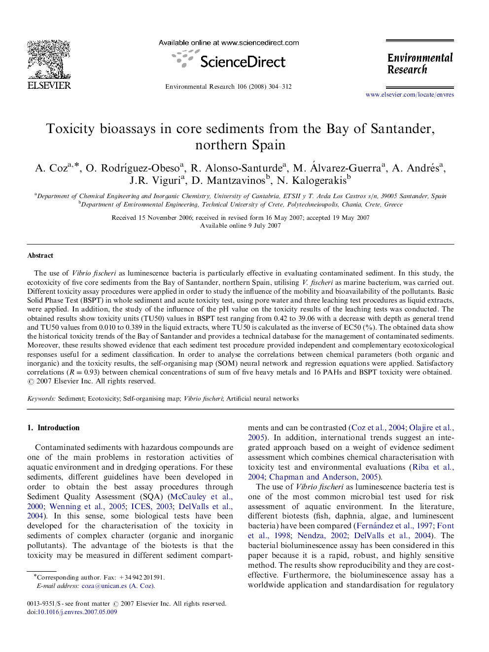 Toxicity bioassays in core sediments from the Bay of Santander, northern Spain