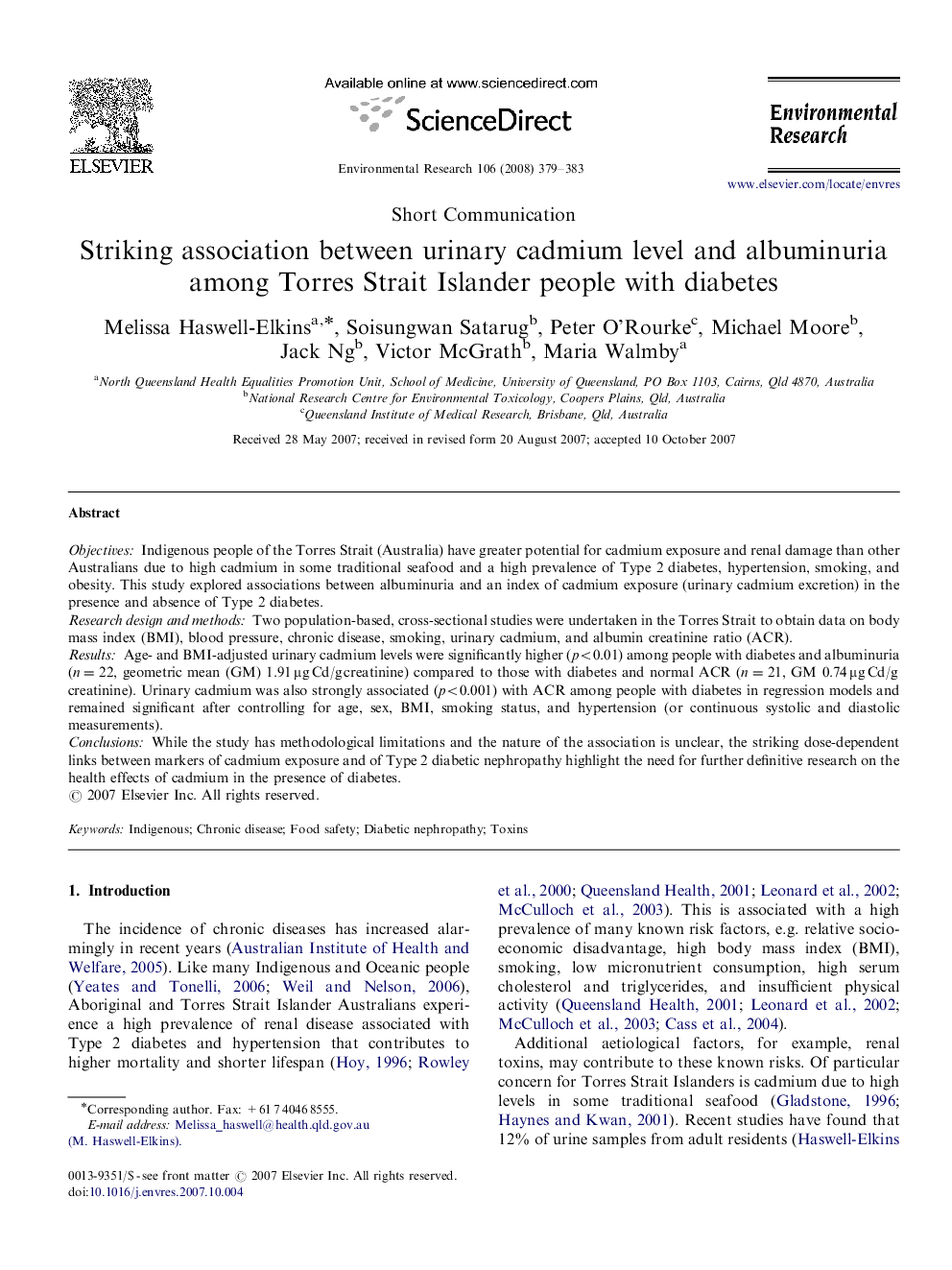 Striking association between urinary cadmium level and albuminuria among Torres Strait Islander people with diabetes