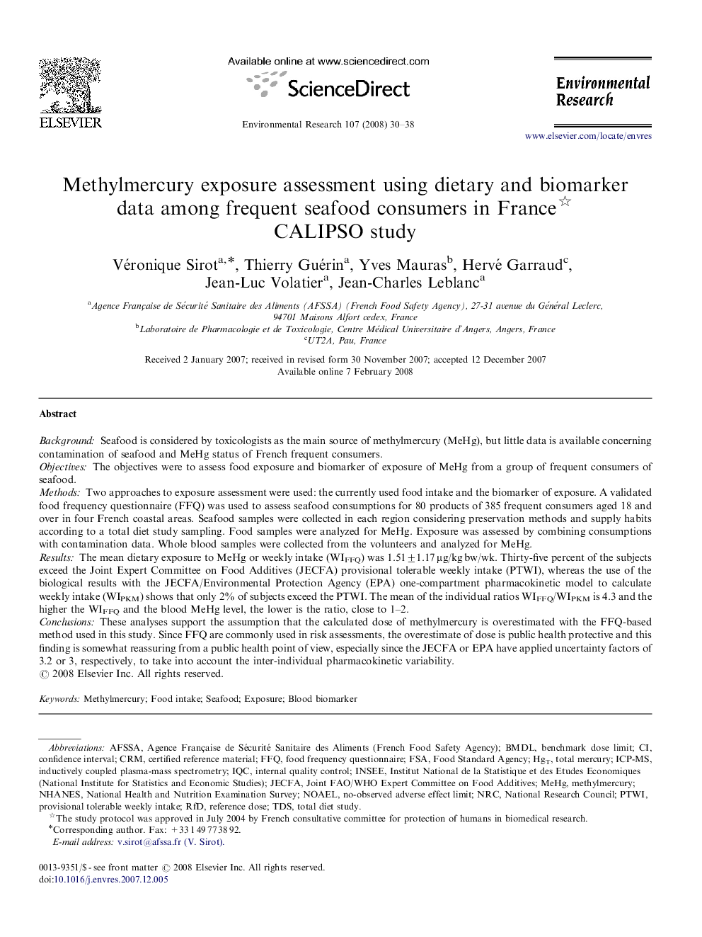 Methylmercury exposure assessment using dietary and biomarker data among frequent seafood consumers in France : CALIPSO study