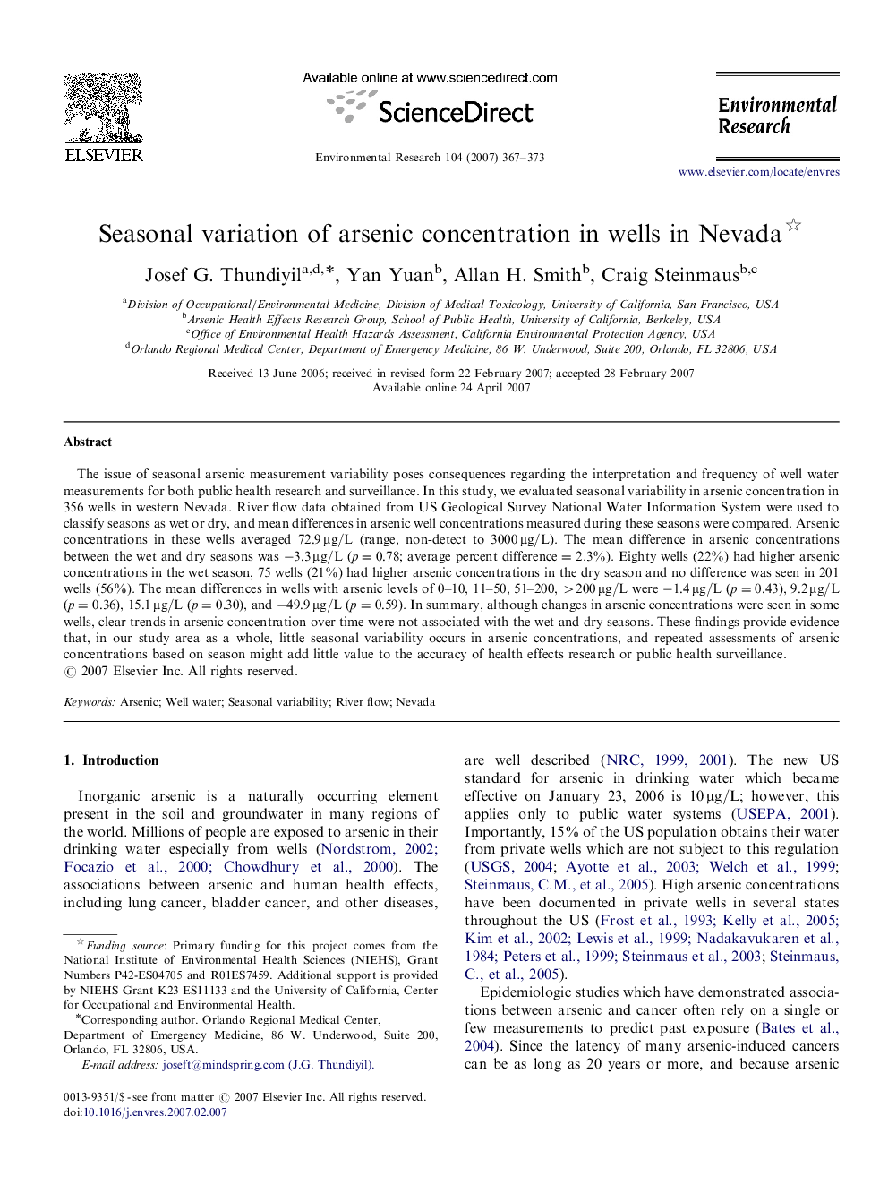 Seasonal variation of arsenic concentration in wells in Nevada 