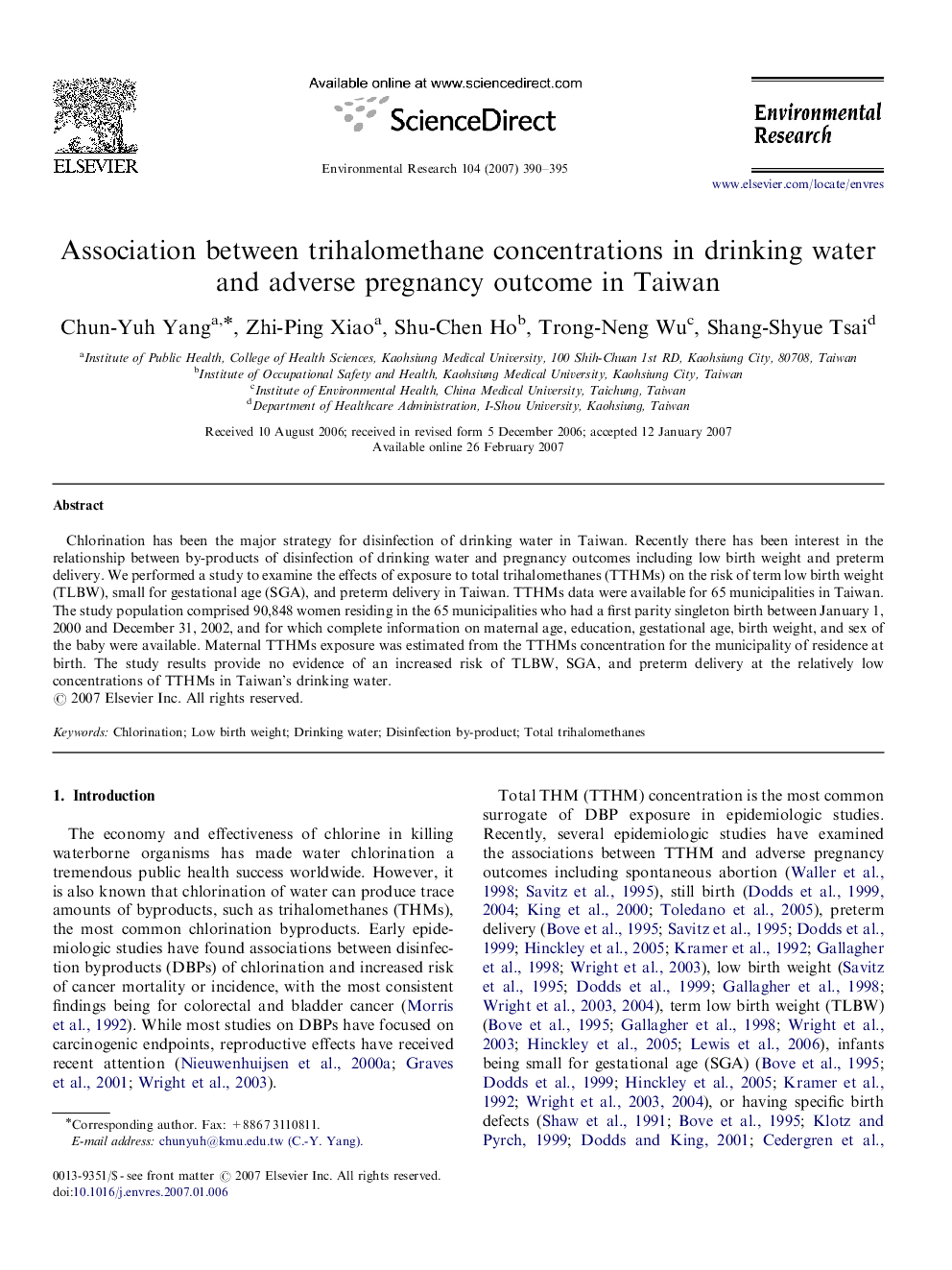 Association between trihalomethane concentrations in drinking water and adverse pregnancy outcome in Taiwan