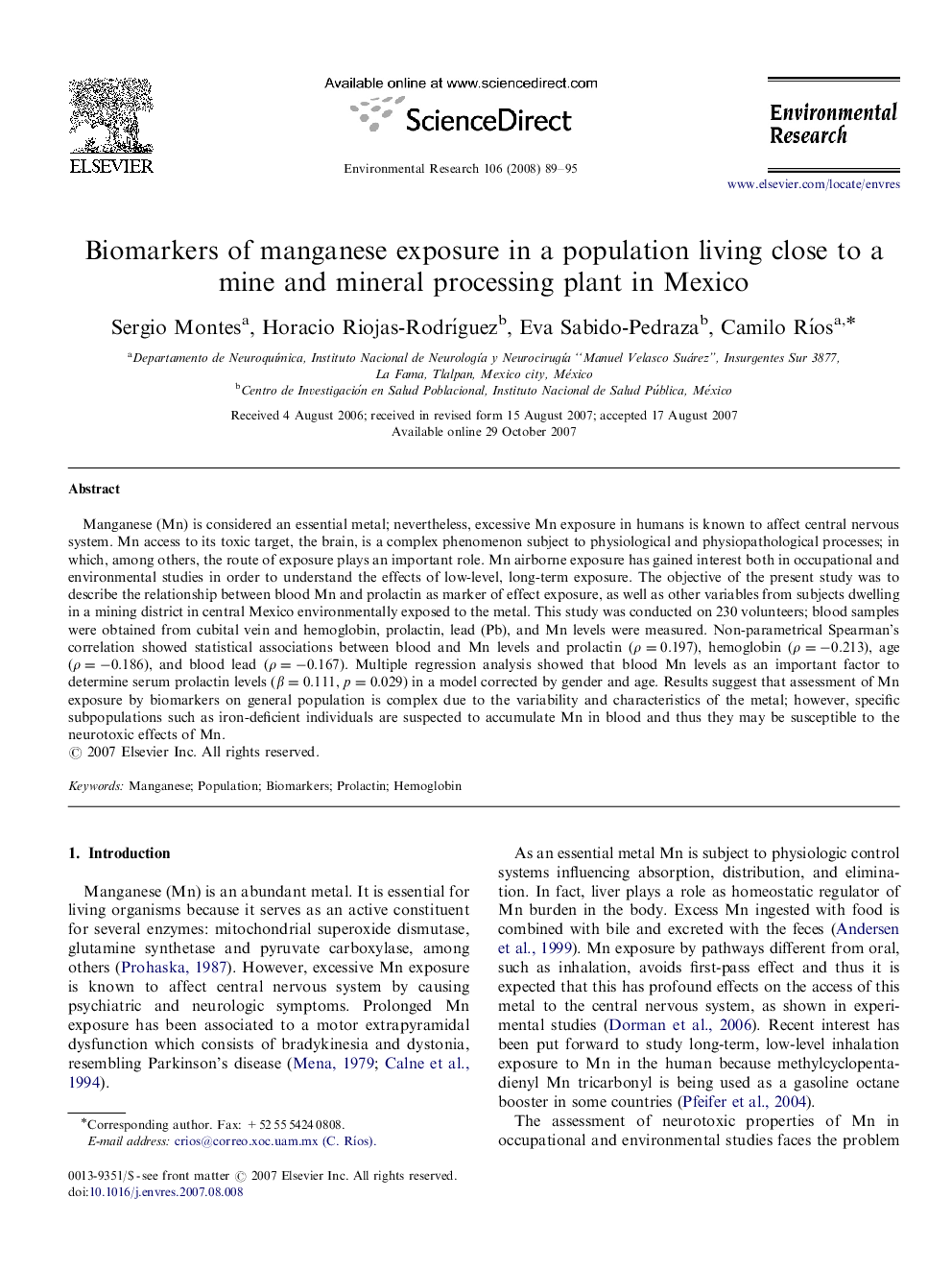 Biomarkers of manganese exposure in a population living close to a mine and mineral processing plant in Mexico