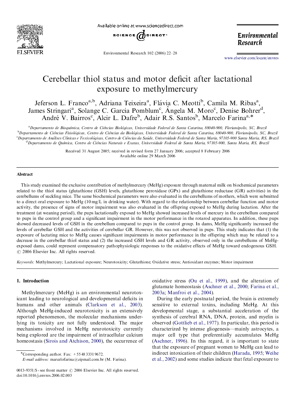 Cerebellar thiol status and motor deficit after lactational exposure to methylmercury