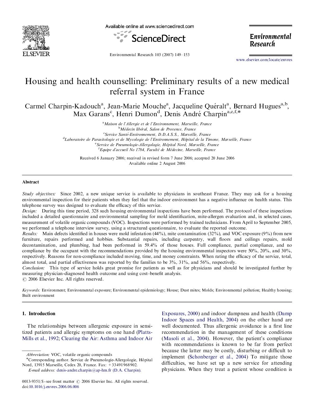 Housing and health counselling: Preliminary results of a new medical referral system in France