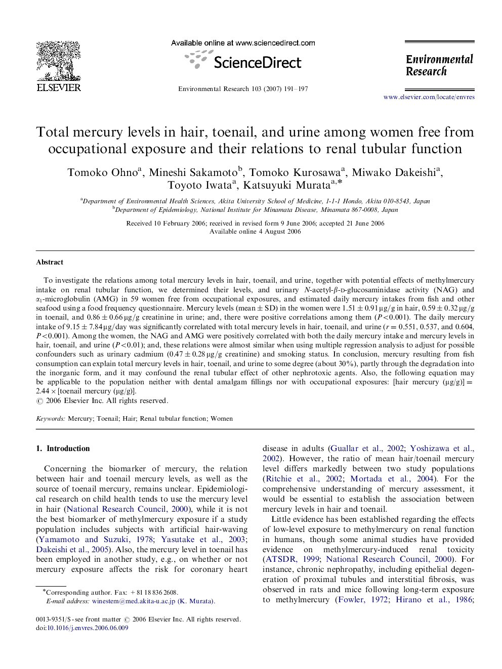 Total mercury levels in hair, toenail, and urine among women free from occupational exposure and their relations to renal tubular function