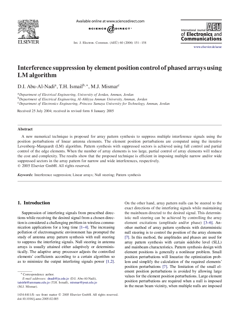 Interference suppression by element position control of phased arrays using LM algorithm