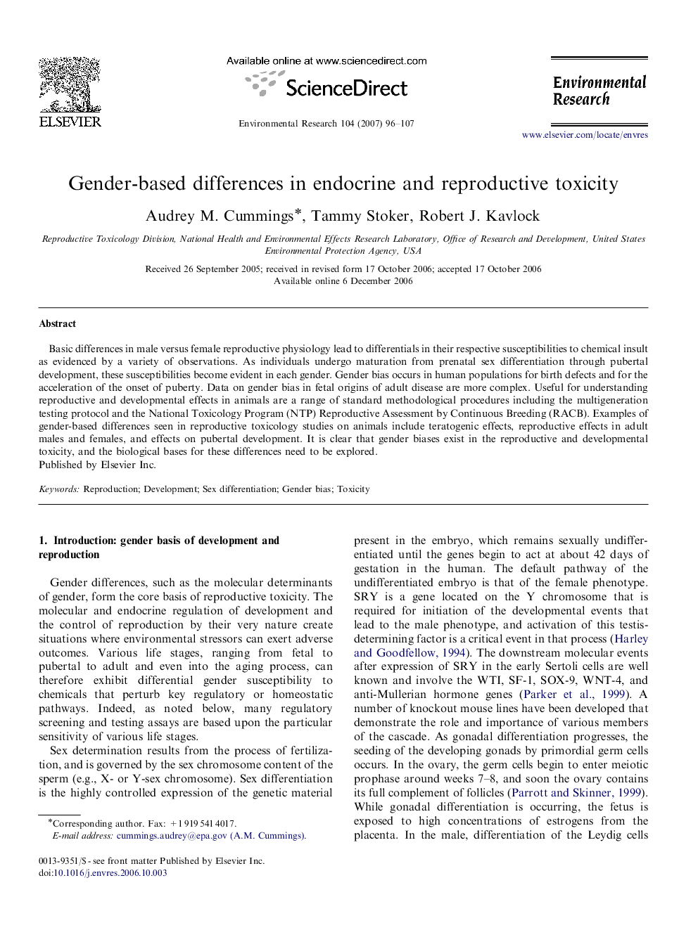 Gender-based differences in endocrine and reproductive toxicity