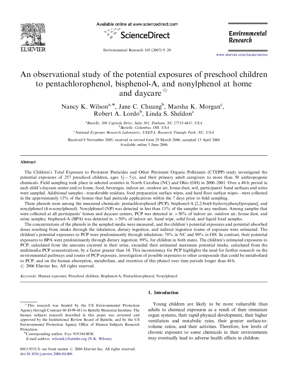 An observational study of the potential exposures of preschool children to pentachlorophenol, bisphenol-A, and nonylphenol at home and daycare 