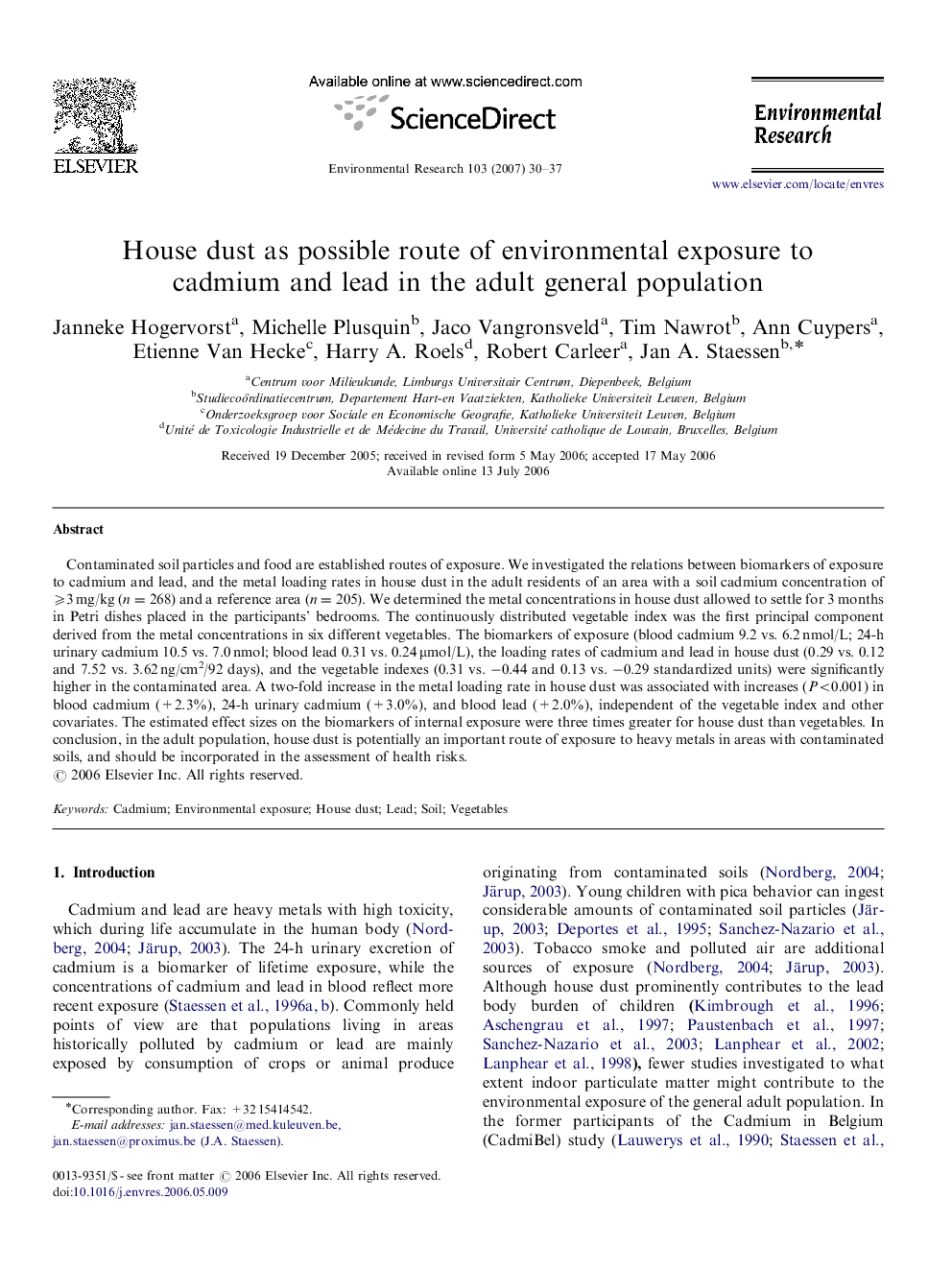 House dust as possible route of environmental exposure to cadmium and lead in the adult general population