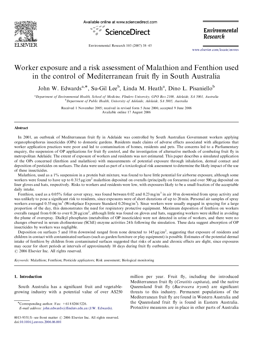 Worker exposure and a risk assessment of Malathion and Fenthion used in the control of Mediterranean fruit fly in South Australia