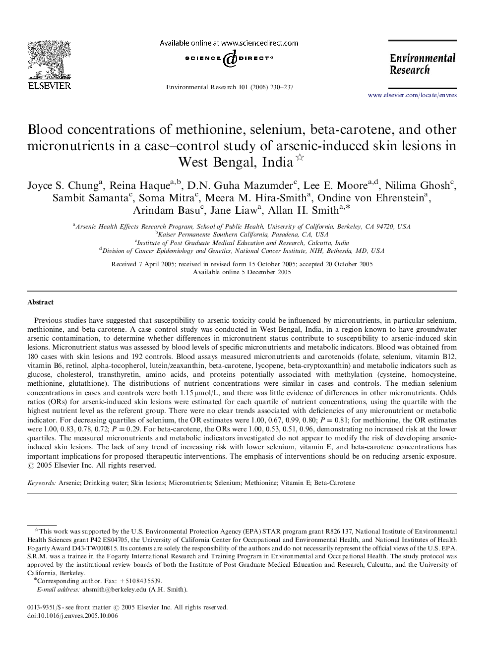 Blood concentrations of methionine, selenium, beta-carotene, and other micronutrients in a case–control study of arsenic-induced skin lesions in West Bengal, India 