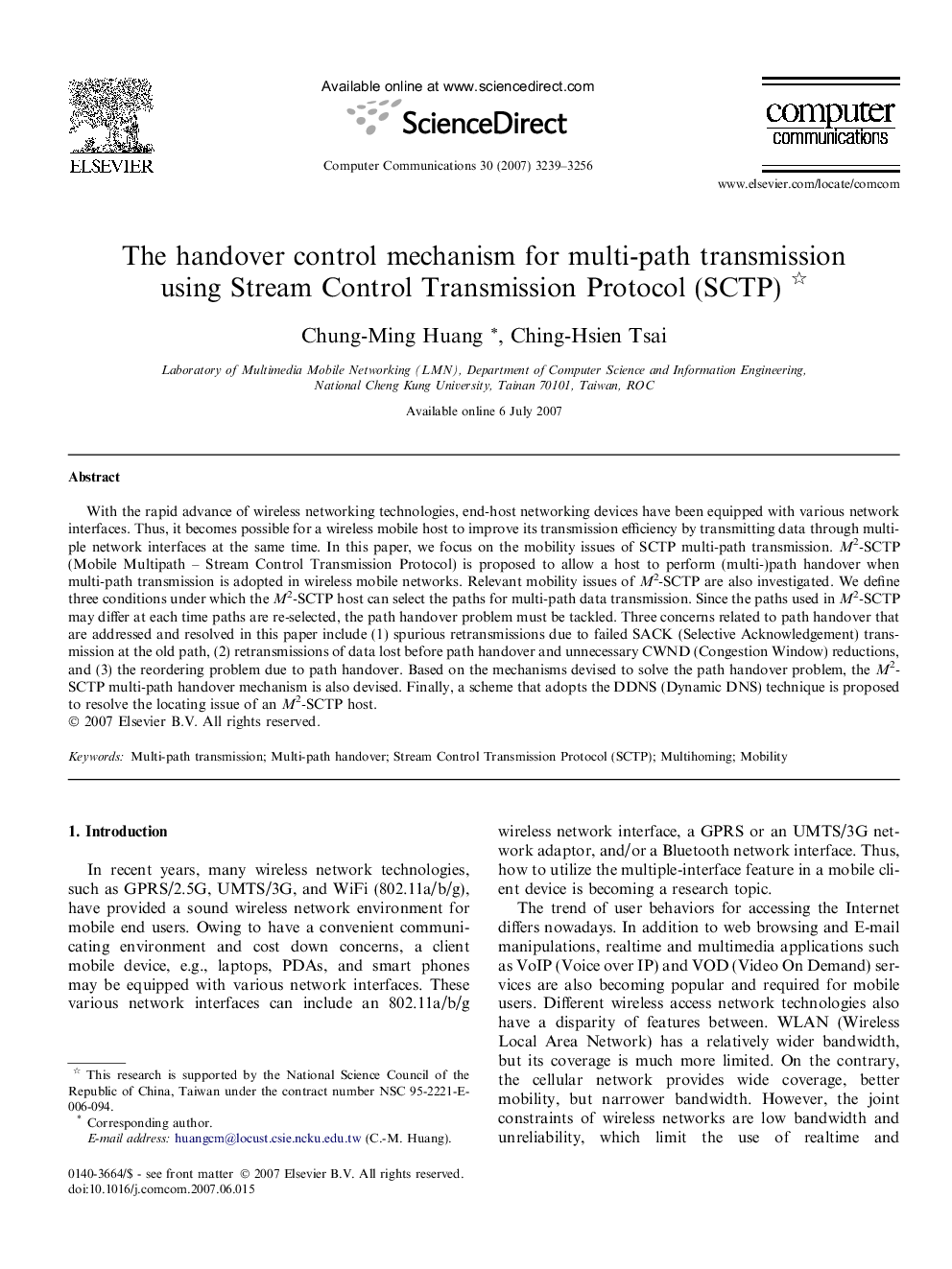 The handover control mechanism for multi-path transmission using Stream Control Transmission Protocol (SCTP) 