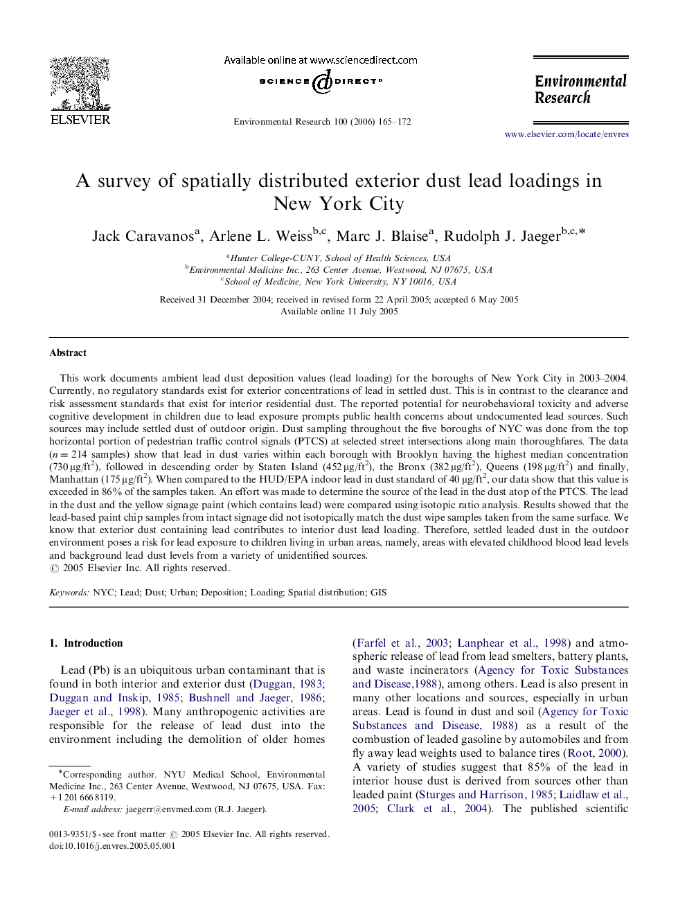 A survey of spatially distributed exterior dust lead loadings in New York City