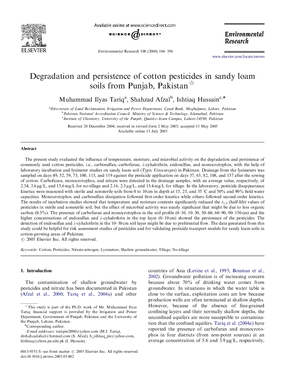 Degradation and persistence of cotton pesticides in sandy loam soils from Punjab, Pakistan 