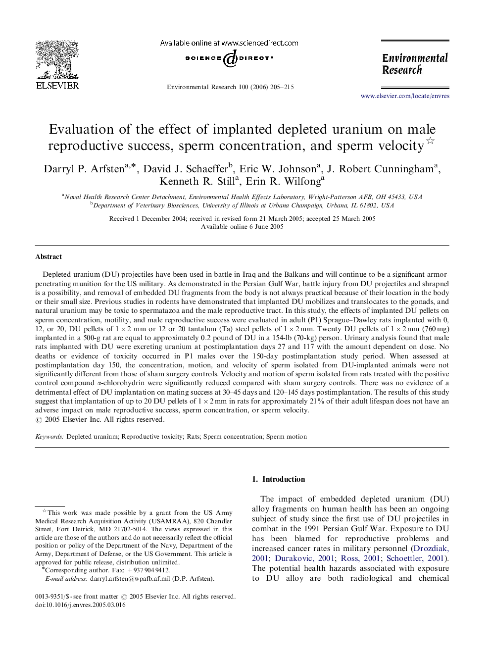 Evaluation of the effect of implanted depleted uranium on male reproductive success, sperm concentration, and sperm velocity 