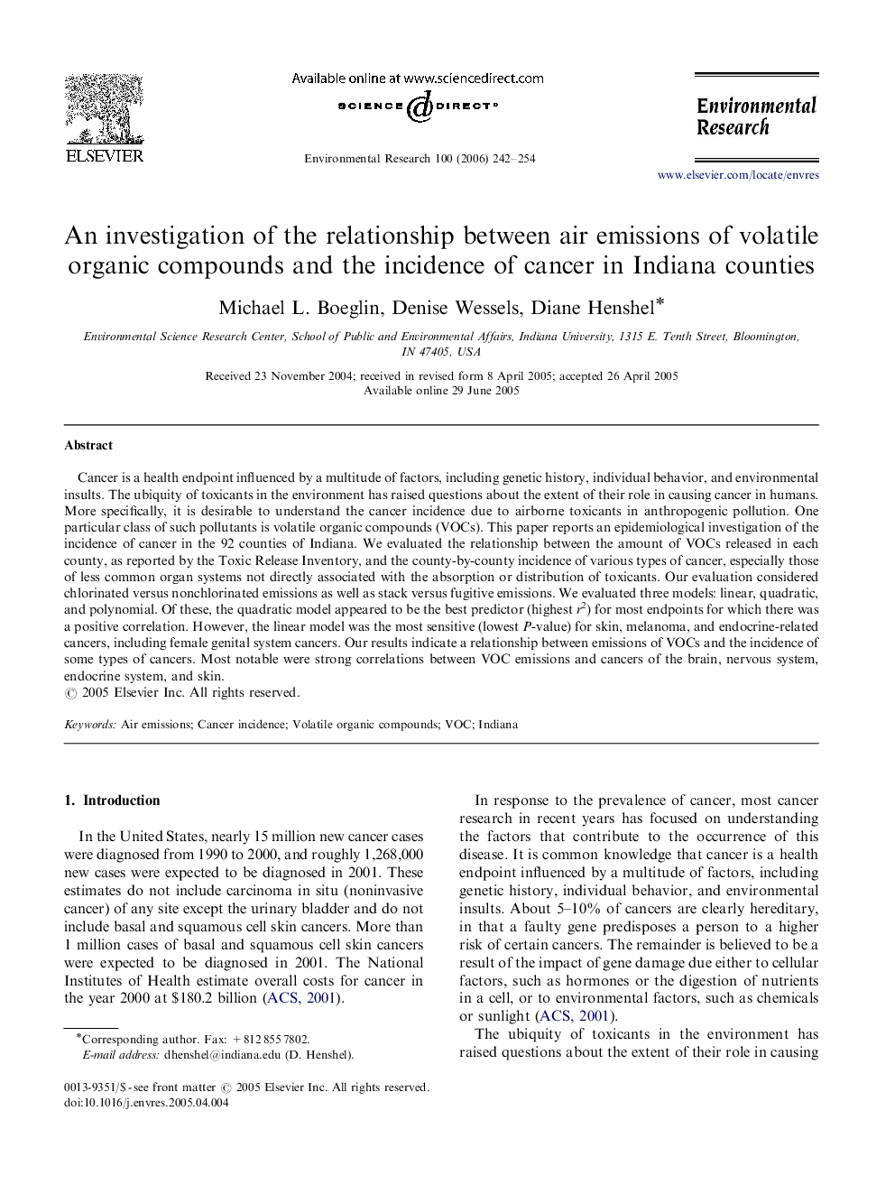 An investigation of the relationship between air emissions of volatile organic compounds and the incidence of cancer in Indiana counties