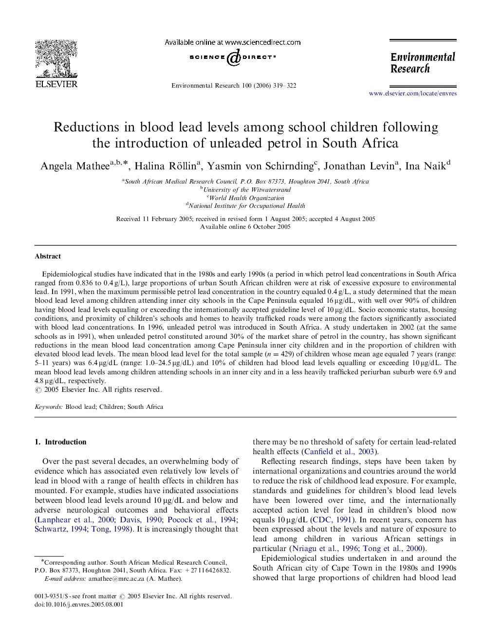 Reductions in blood lead levels among school children following the introduction of unleaded petrol in South Africa