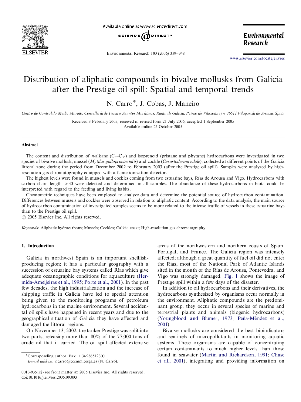 Distribution of aliphatic compounds in bivalve mollusks from Galicia after the Prestige oil spill: Spatial and temporal trends