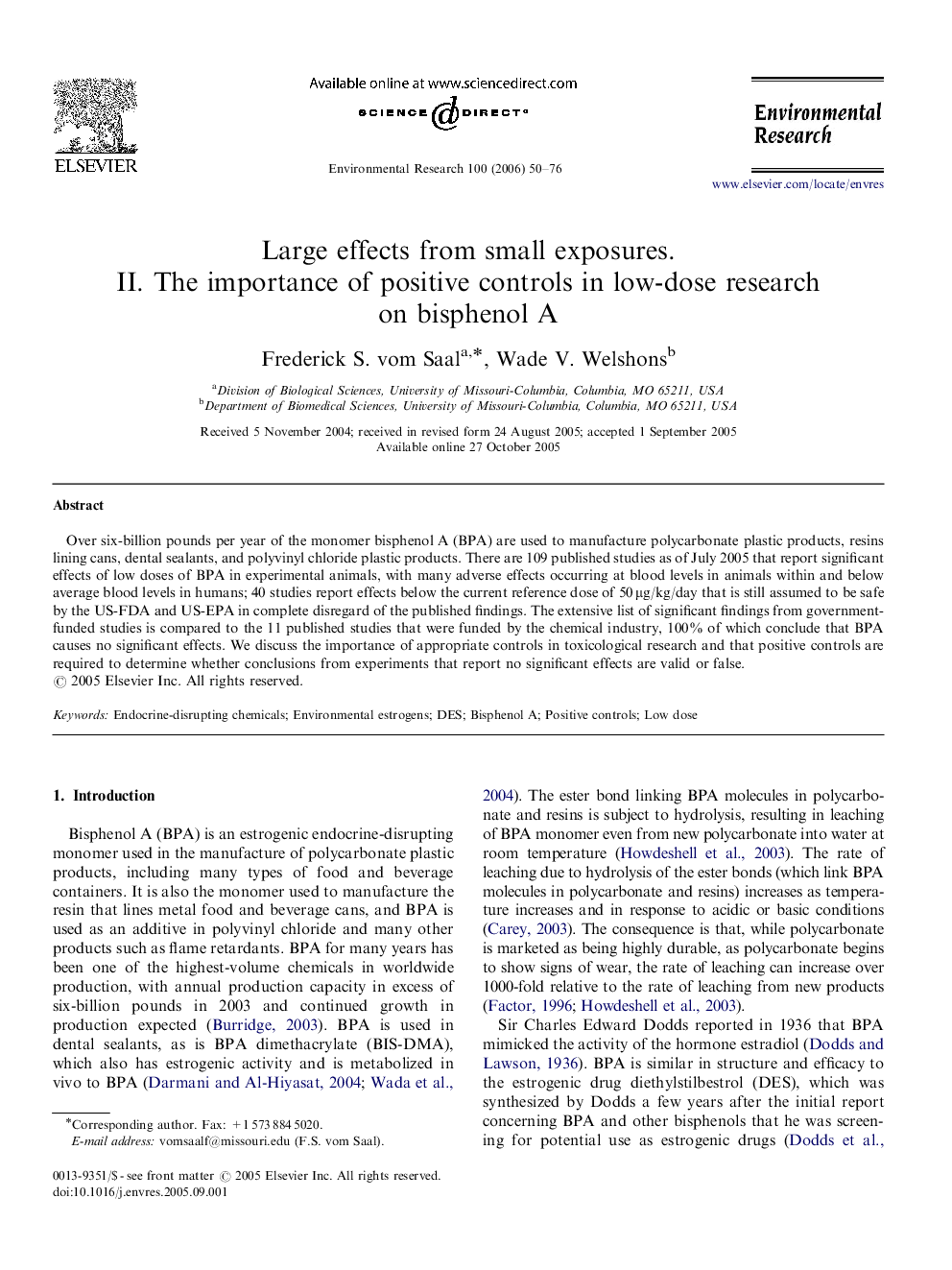 Large effects from small exposures. II. The importance of positive controls in low-dose research on bisphenol A