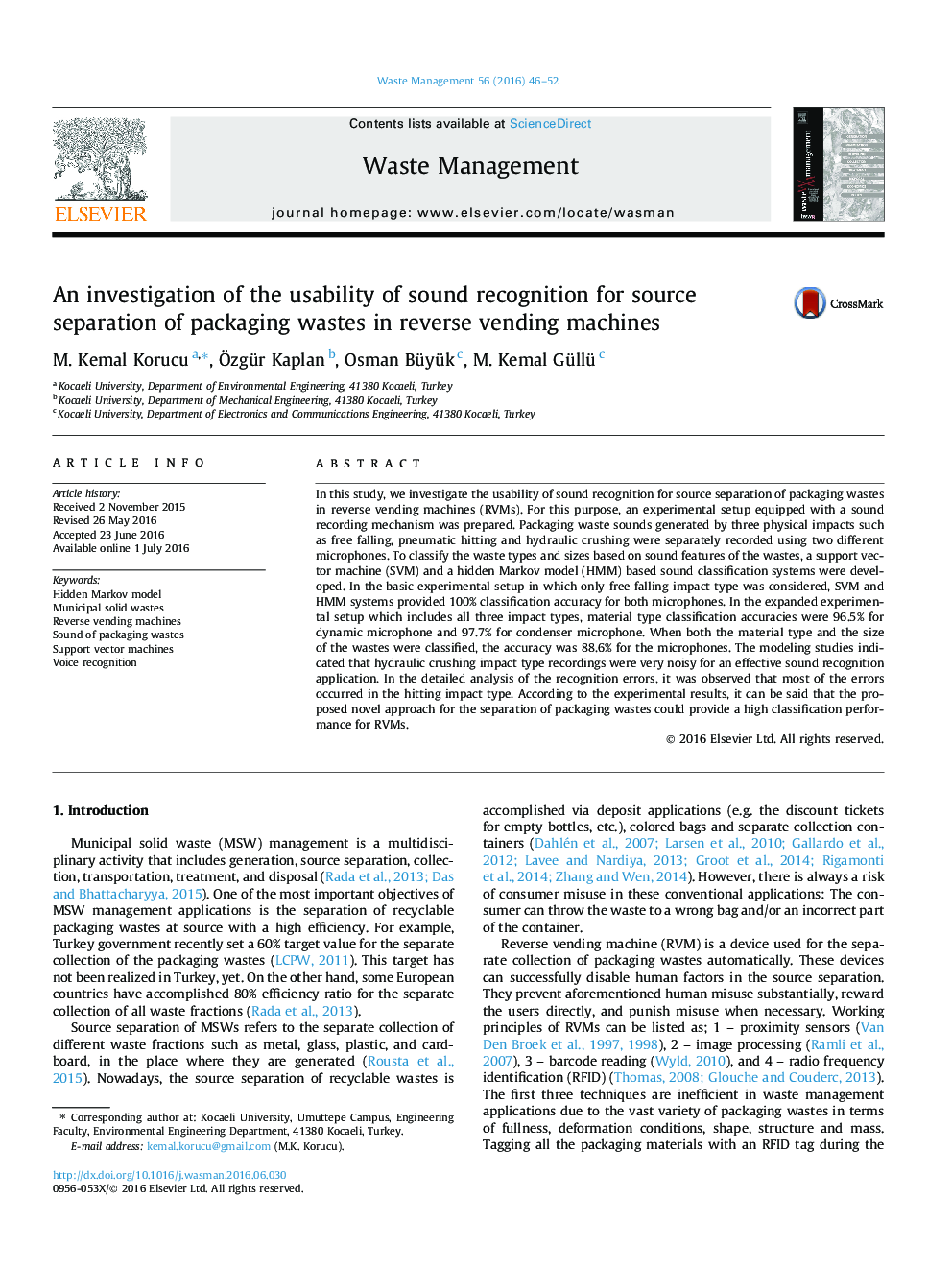 An investigation of the usability of sound recognition for source separation of packaging wastes in reverse vending machines