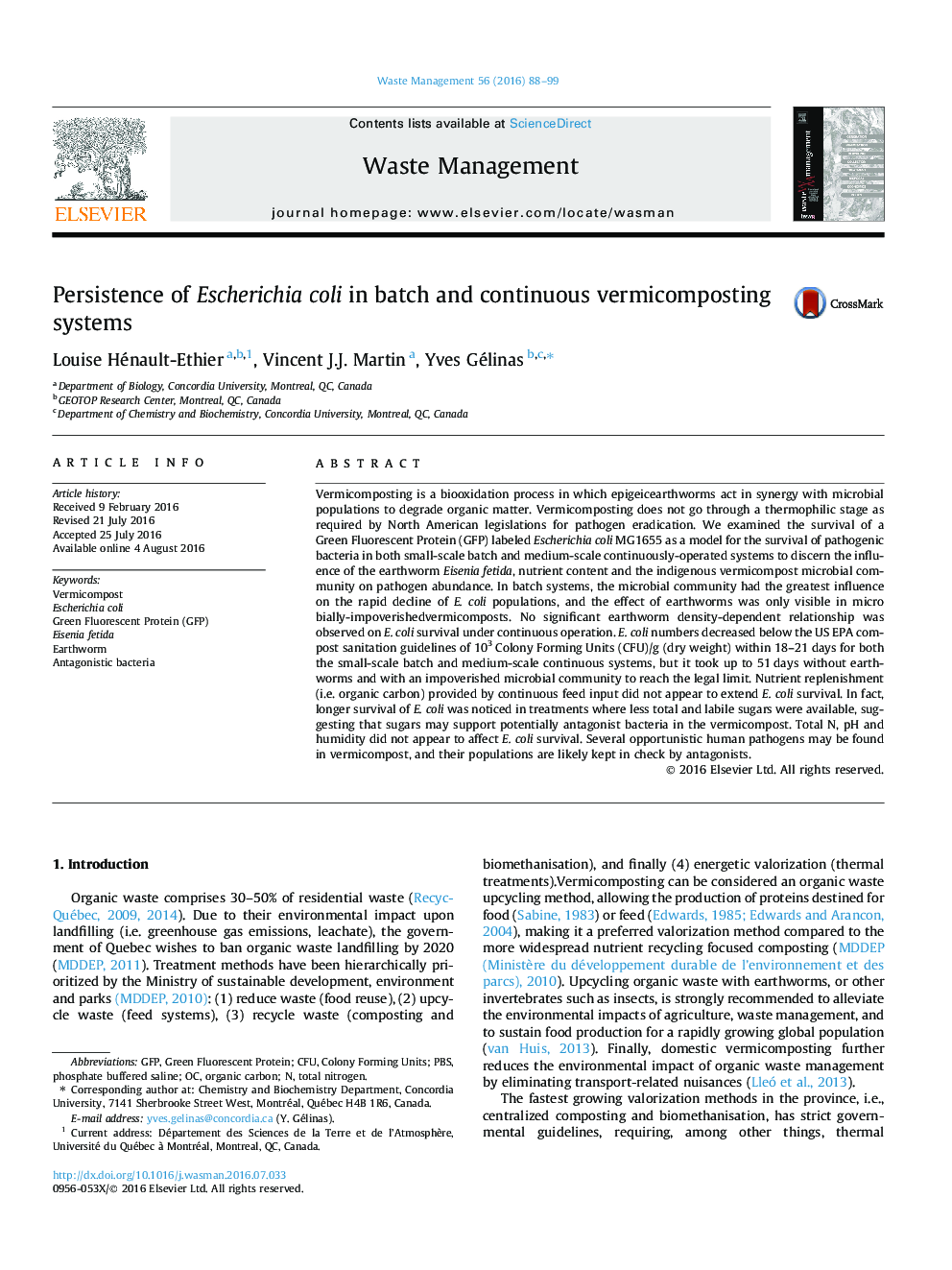 Persistence of Escherichia coli in batch and continuous vermicomposting systems