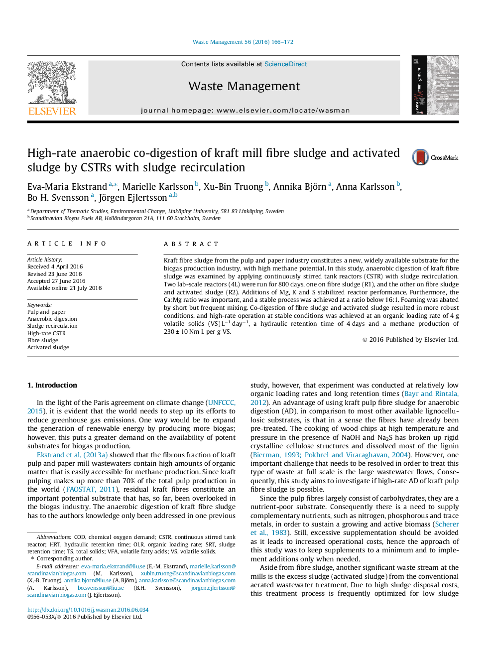 High-rate anaerobic co-digestion of kraft mill fibre sludge and activated sludge by CSTRs with sludge recirculation